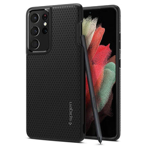 Калъф с Поставка за Писалка за Samsung S21 Ultra, Spigen Liquid Air S-Pen Case, Черен