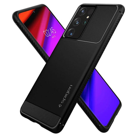 Противоударен Силиконов Калъф за Samsung S21 Ultra, Spigen Rugged Armor Case, Черен (4)